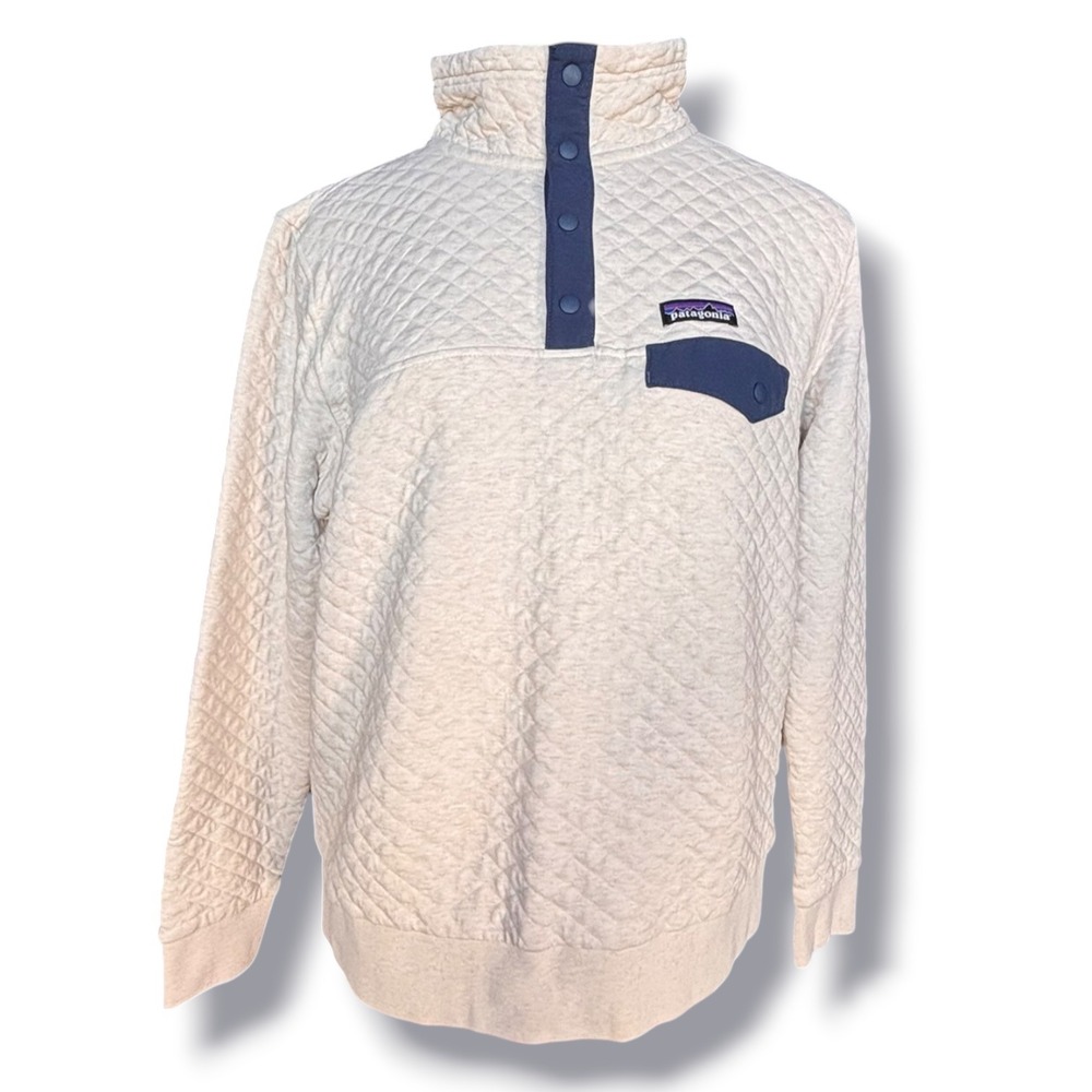 Patagonia Womens XL Organic Cotton Quilted Snap-T Pullover Birch White Blue
